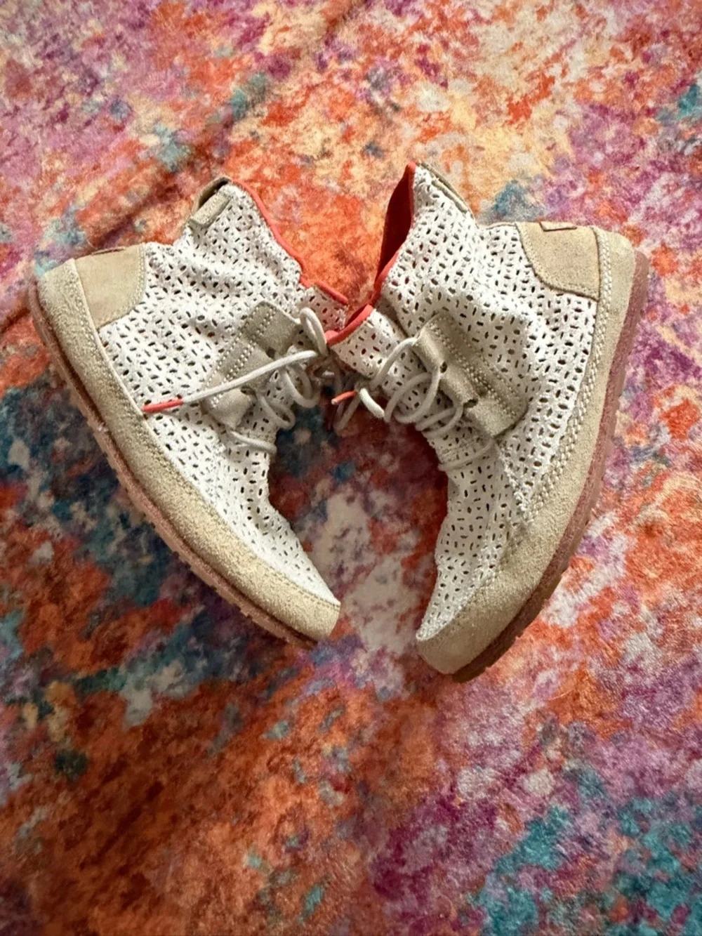 Sorel Cream and Red Perforated Canvas Suede Sneakers